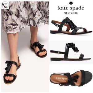 KATE SPADE NEW YORK LA DANSE Black Leather Tassel Flat Ankle Strap Sandals 6.5